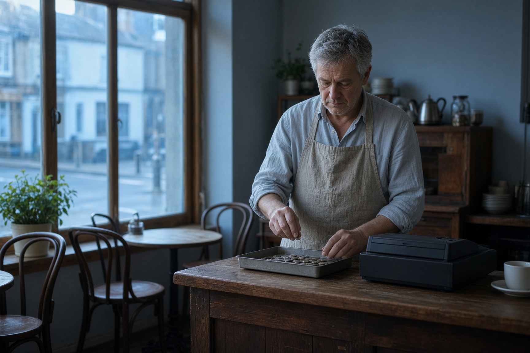 A cafe owner counts coins at the counter before opening