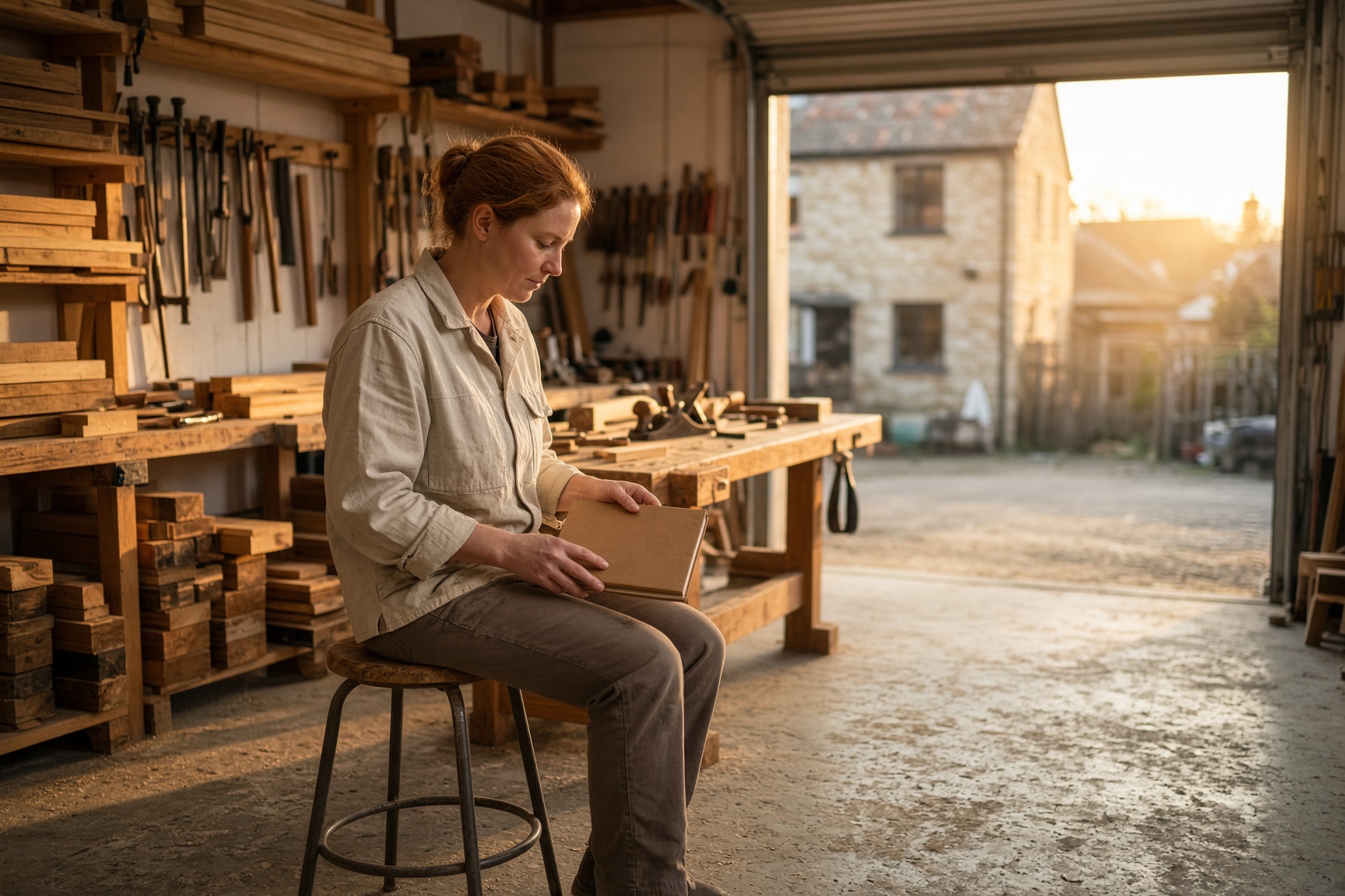 A joiner reviews a folder in a workshop at the end of the day