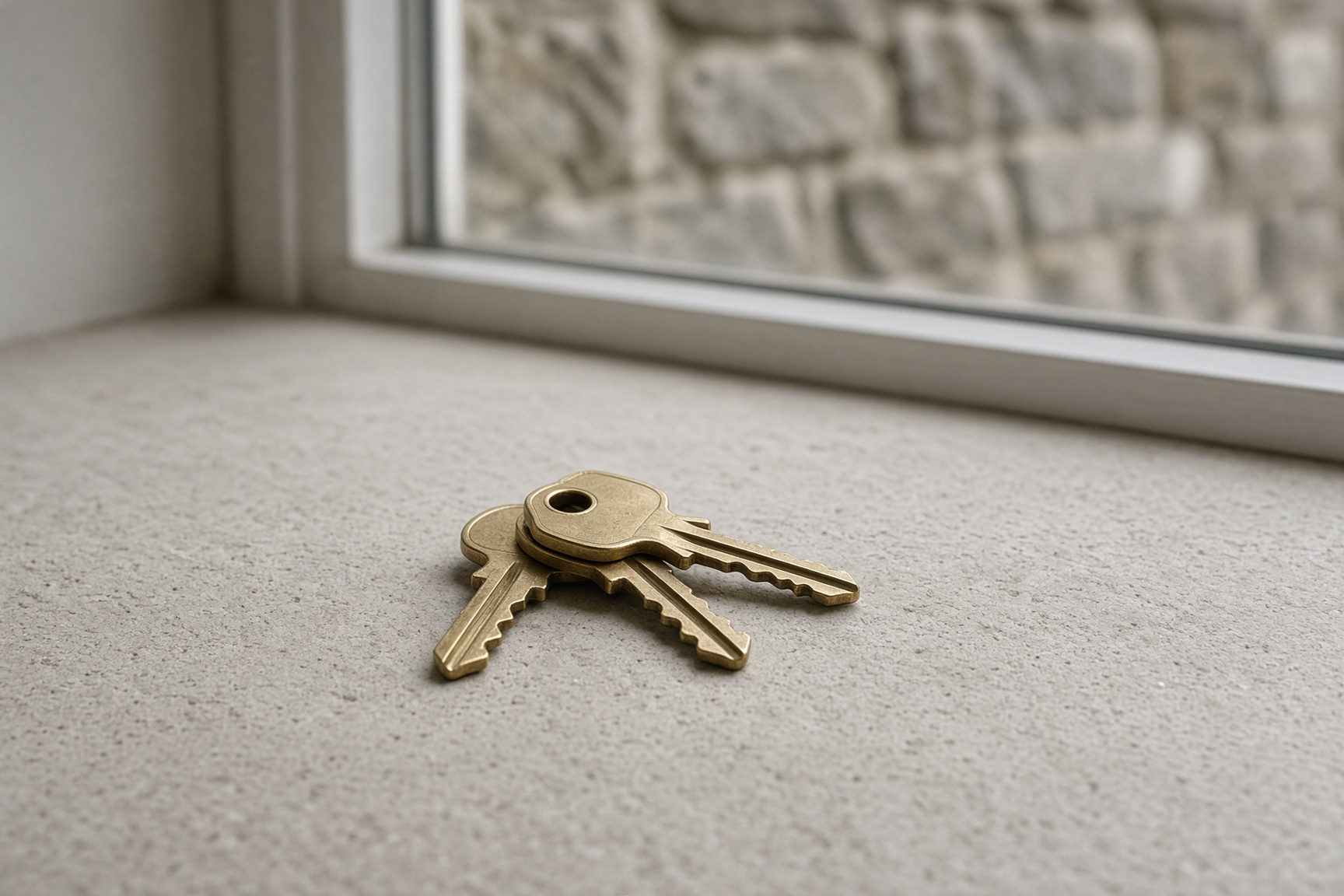 Brass house keys on a stone windowsill