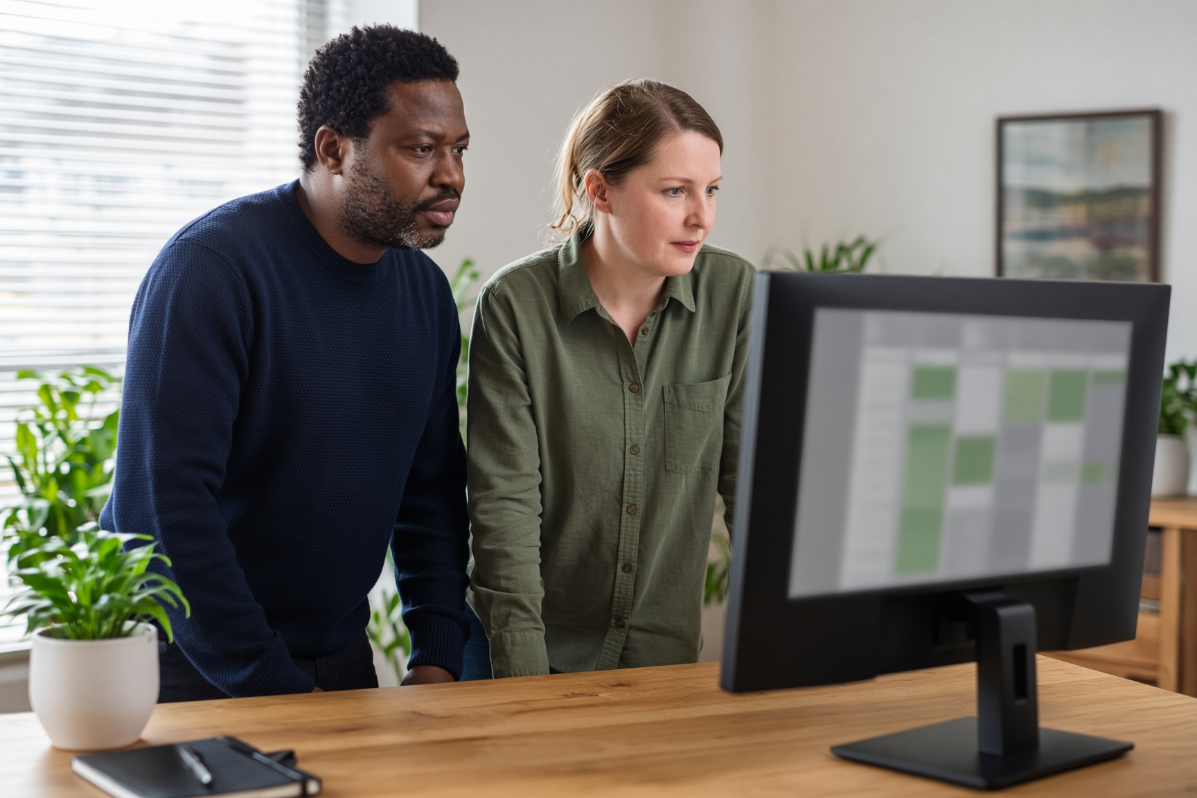 Two colleagues compare a report on a large monitor in a quiet office