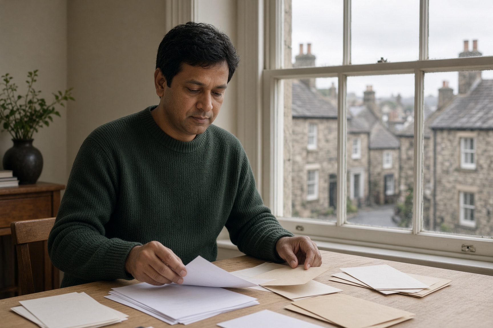 A man sorts plain envelopes at a desk, with stone buildings soft in the window
