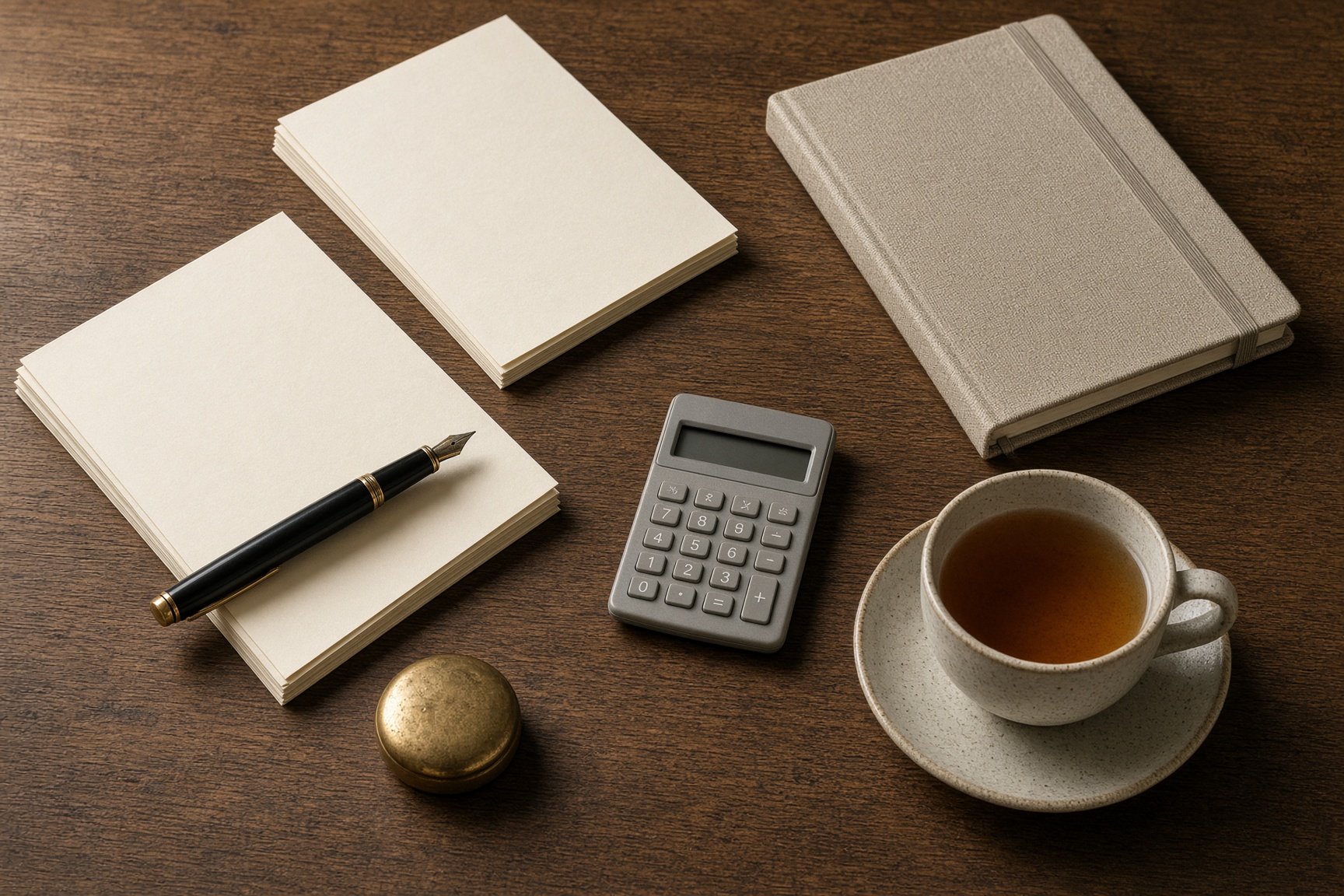 A woman works through papers at a wooden desk in warm daylight