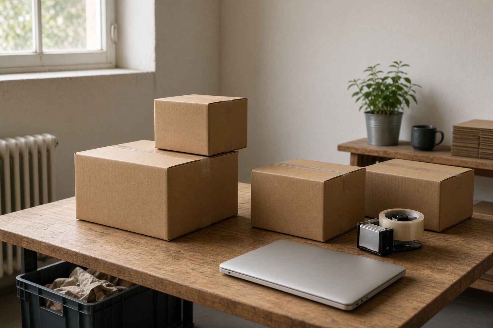 Unlabelled parcels on a packing bench beside a closed laptop