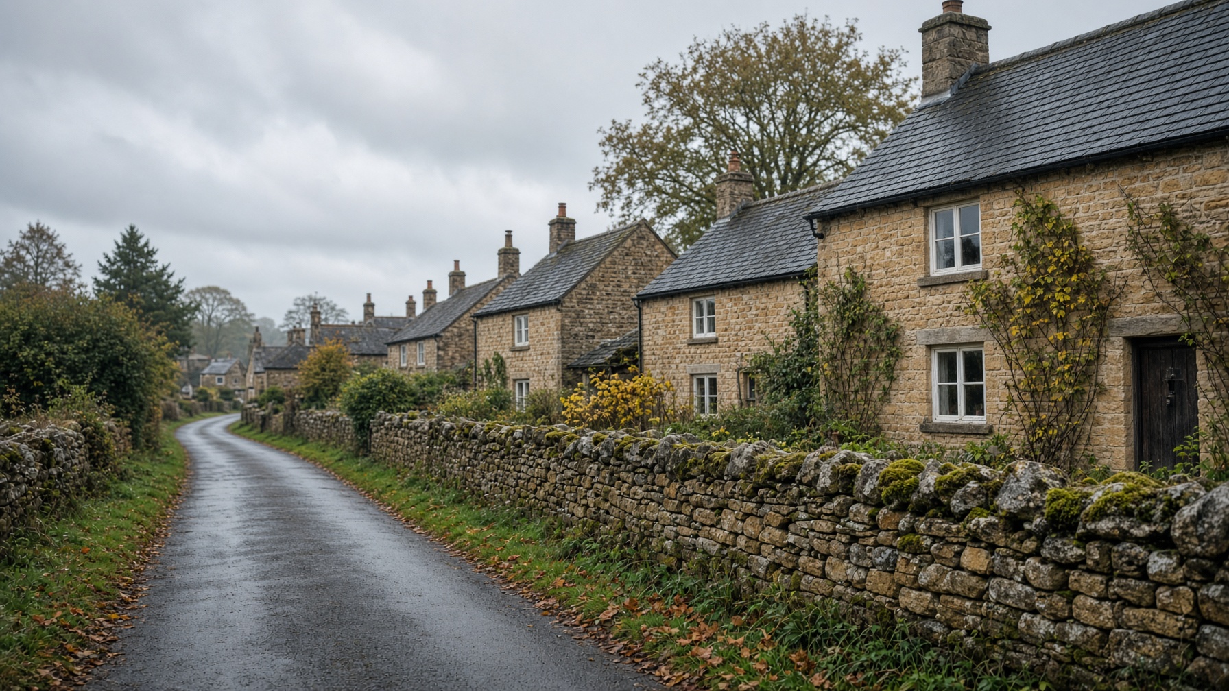 Stone cottages and a dry stone wall on a quiet lane under grey light